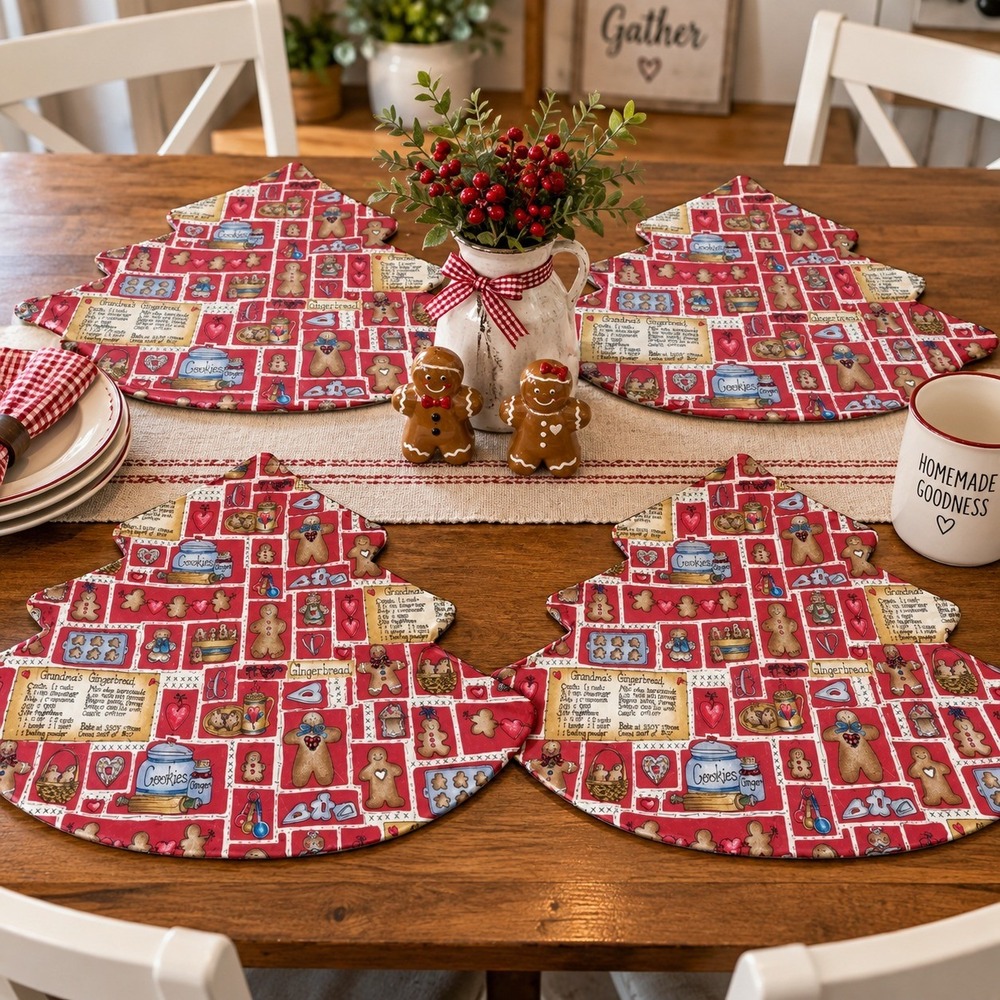 Lot of 4 Christmas Tree Shaped Place Mats Country Charm Holiday Gingerbread Men